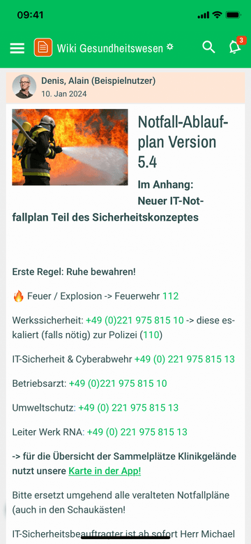 Quiply Mitarbeiter-App Ansicht Ablage eines Notfall-Ablaufplans