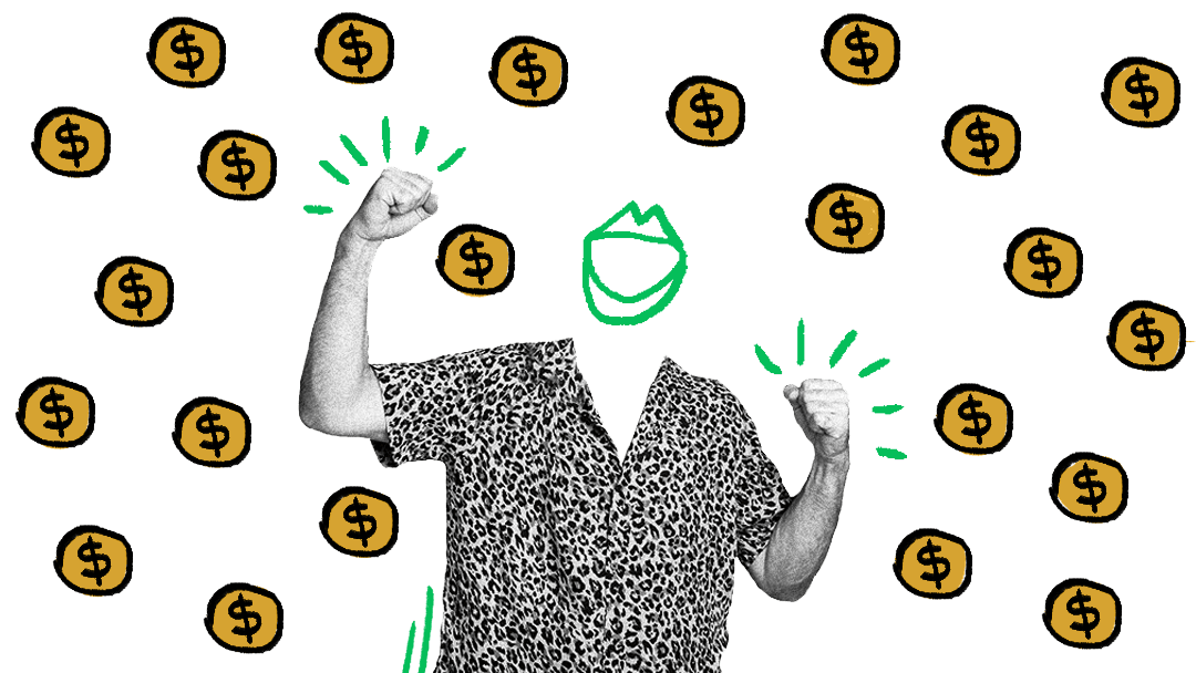 Eine jubelnde Person mit erhobenen Fäusten, umgeben von Geldmünzen, steht für Mitarbeitermotivation und Ressourcen