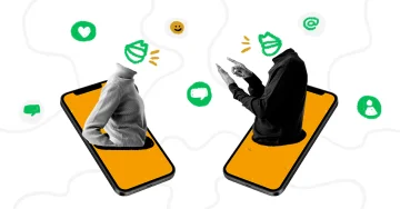 Zwei Menschen, die aus Smartphones hervortreten und kommunizieren. Vorteile einer App für Mitarbeiter als social Intranet
